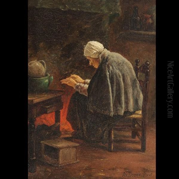 Woman By The Fire Oil Painting by Adriaan Van Doorn