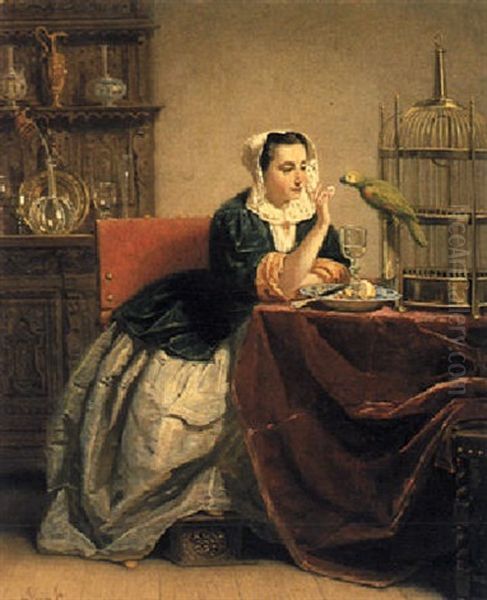 An Elegant Lady Feeding A Parrot Oil Painting by Adriaan Van Doorn