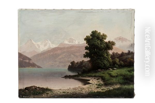 Rive Du Lac De Thoune Avec Chevres Oil Painting by Gustave Dore