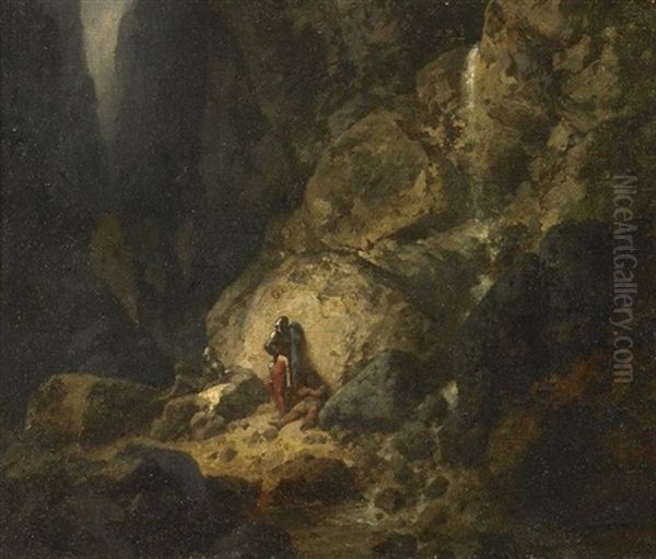 Blick In Eine Enge Schlucht, An Einer Felswand Ruhen Manner Nahe Eines Wasserfalls Oil Painting by Gustave Dore