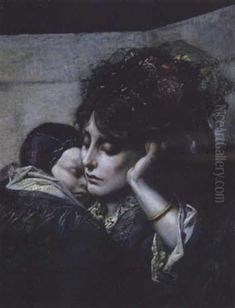 Mother And Child, London Bridge Oil Painting by Gustave Dore