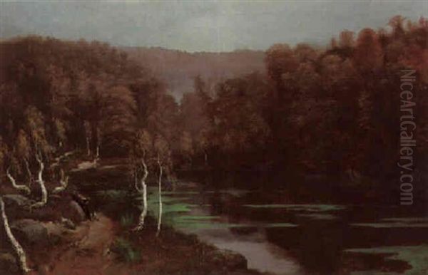 A Faggot-gatherer Resting In A Wooded River Landscape Oil Painting by Gustave Dore