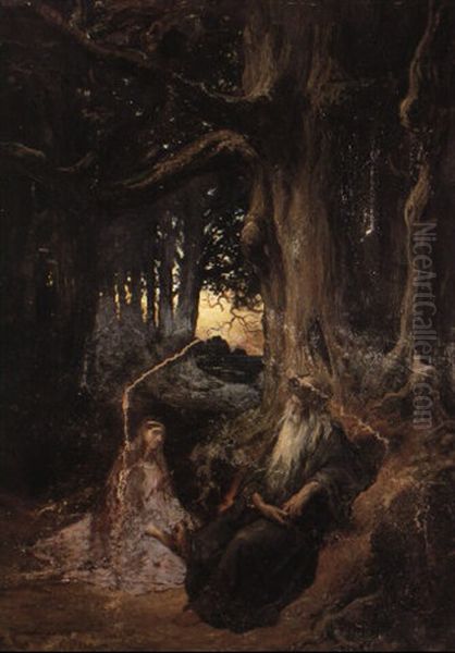 Merlin The Wizard And The Fairy Vivian Oil Painting by Gustave Dore