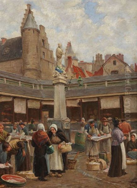 Vieux Marche Aux Poissons A Anvers Oil Painting by Jacques Dore