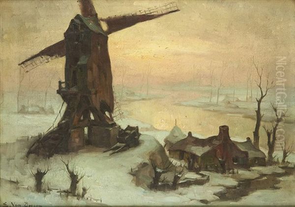 Coucher De Soleil Sur Le Moulin En Hiver Oil Painting by Emile Van Doren