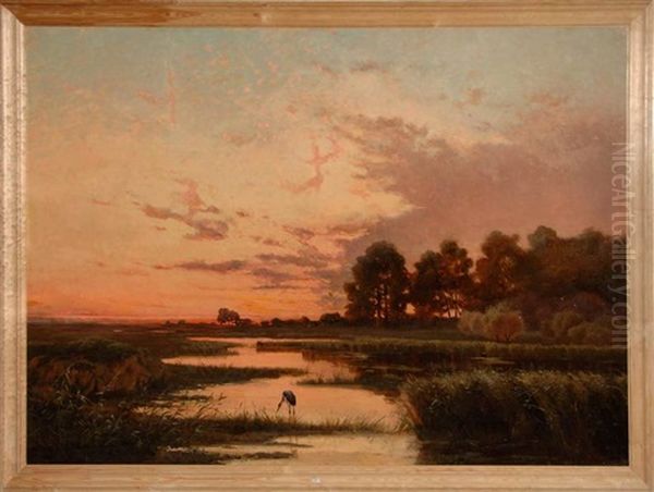 Coucher De Soleil Sur Un Etang En Campine Oil Painting by Emile Van Doren