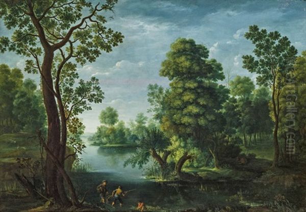 Bewaldete Flusslandschaft Mit Anglern Oil Painting by Johan Evangelist Dorfmeister