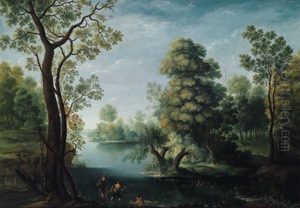 Eine Bewaldete Flusslandschaft Mit Anglern Oil Painting by Johan Evangelist Dorfmeister