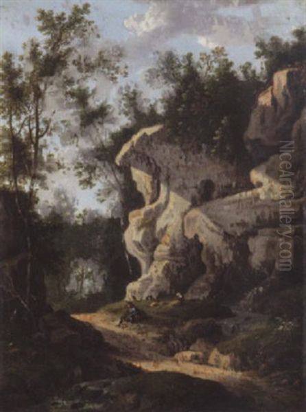 A Rocky Woodland Path With A Traveller Resting Oil Painting by Johan Evangelist Dorfmeister