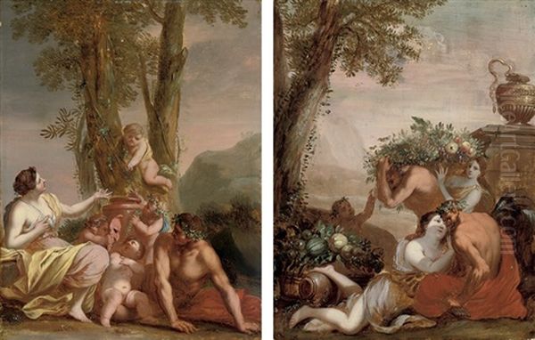 A Bacchanal (+ An Amorous Couple With Putti Disporting; Pair) Oil Painting by Louis Dorigny