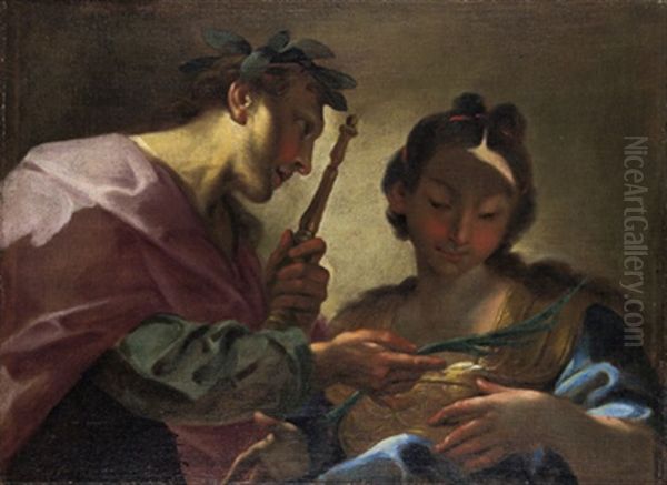 Un Personaggio Con Corona Di Alloro E Scettro Che Porge Un Ramo Di Palma A Una Fanciulla Oil Painting by Louis Dorigny