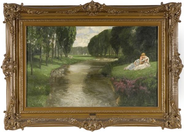 Sommerliche Fluslandschaft Mit Musizierenden Damen Oil Painting by Wilhelm Doeringer