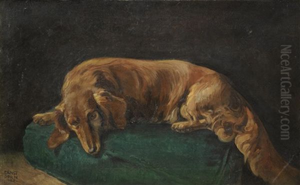 Portrait Of A Daschshund On A Green Cushion Oil Painting by Ernst Dorn