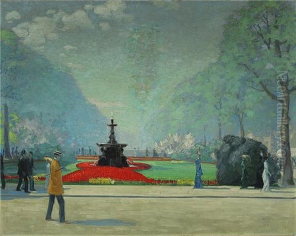 Impressionistische Parkansicht (moglicherweise In Warschau) Mit Flanierenden Damen Und Herren Oil Painting by Ernst Dorn