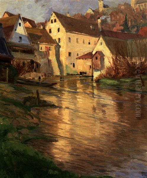 Frankisches Stadtchen Mit Burg Und Kirchhugel An Einem Fluss Oil Painting by Ernst Dorn