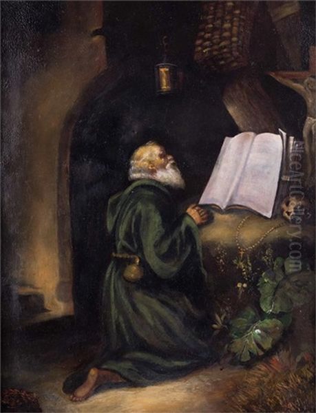 Betender Emerit In Grotte Bei Kerzenschein Oil Painting by Joseph Dorn