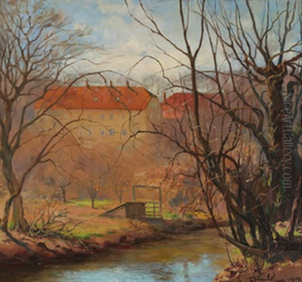 Hostlandskap Med Elv Og Hus Oil Painting by Karl Johannes Andreas Adam Dornberger