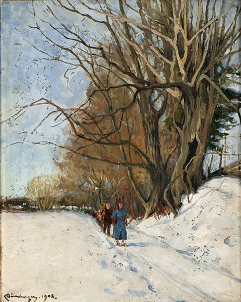 Pa Ski Oil Painting by Karl Johannes Andreas Adam Dornberger