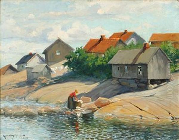 Coastal Scene With A Woman Washing Clothes Oil Painting by Karl Johannes Andreas Adam Dornberger