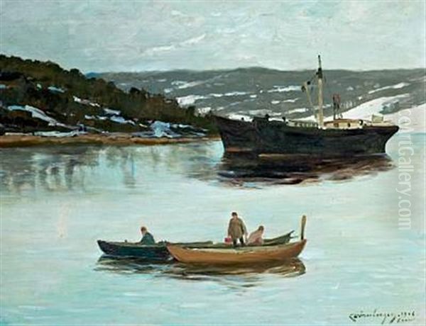 Ship And People In Prams On The Bay Off Soon, Norway Oil Painting by Karl Johannes Andreas Adam Dornberger