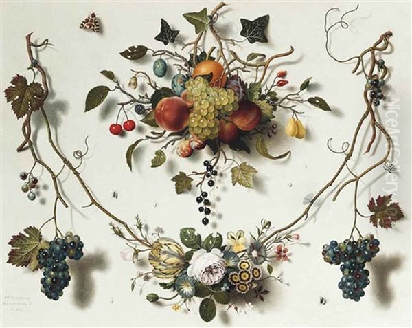 A Trompe L'oeil Of Swags Of Fruit And Flowers Pinned To A White Wall With Moths And Other Insects Oil Painting by Martin Van Dorne