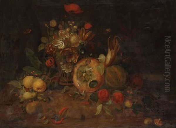 Nature Morte Avec Corbeille De Fleurs, Potiron, Poires, Tomates, Melon, Mais Et Piments by Martin Van Dorne