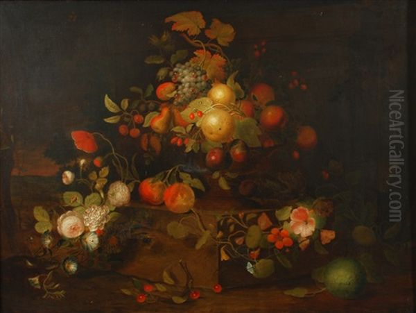 Coupe De Fruits Et Fleurs Sur Une Tablette Oil Painting by Martin Van Dorne