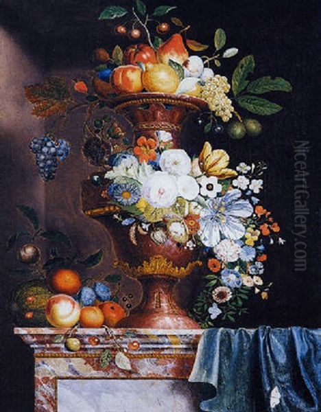 Riche Vase En Pierre Sculptee, Agremente De Fleurs Et De Fruits Pose Sur Un Entablement De Marbre Oil Painting by Martin Van Dorne