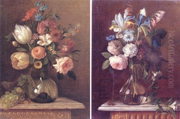 A Still Life Of Tulips, Narcissi, Roses And Other Flowers In A Glass Vase Beside Grapes On A Marble Ledge Oil Painting by Martin Van Dorne