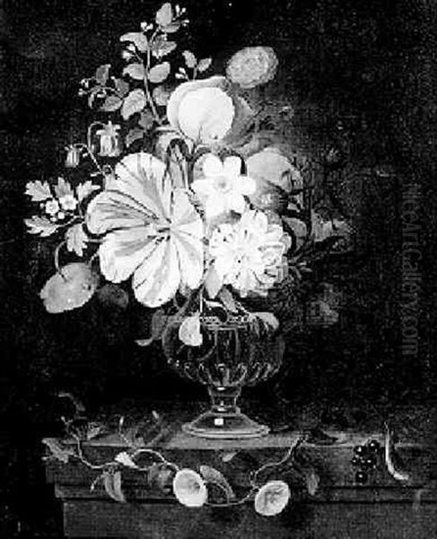 Still Life Of Mixed Summer Flowers In A Glass Vase On A Pedestal Oil Painting by Martin Van Dorne