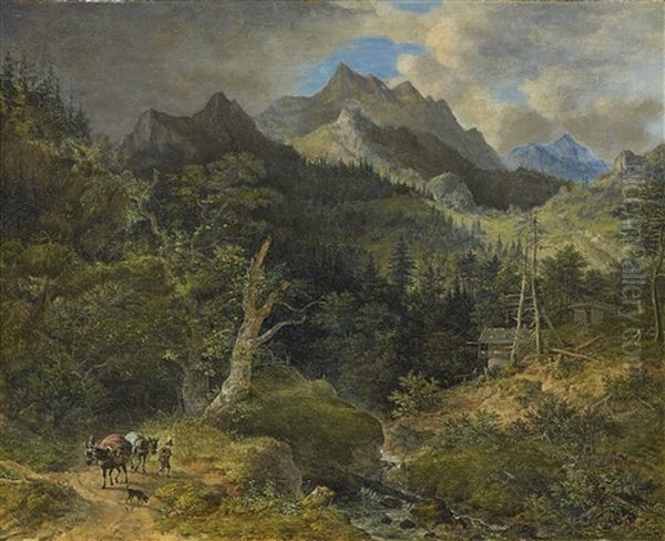 Gebirgslandschaft Mit Ziehendem Bauern Und Packeseln Oil Painting by Johann Jakob Dorner the Elder