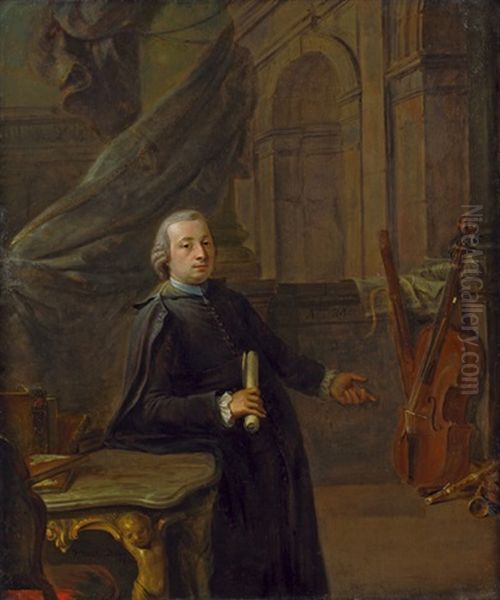 Bildnis Eines Hofkapellmeisters An Seinem Arbeitstisch, Im Hintergrund Musikinstrumente Oil Painting by Johann Jakob Dorner the Elder