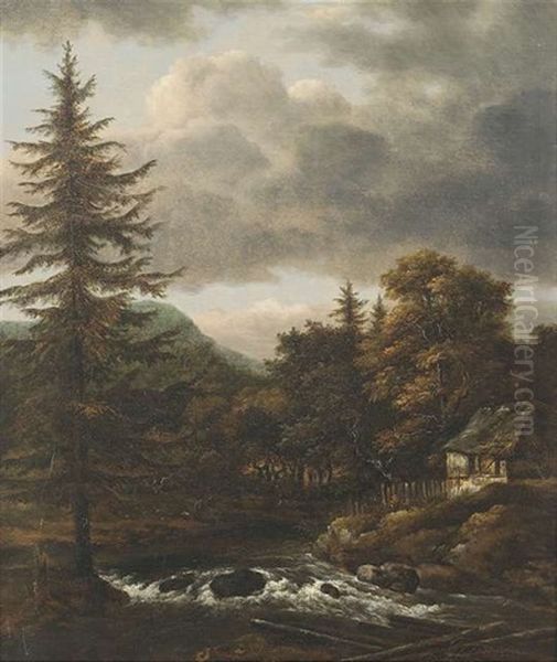 Bewaldete Landschaft Mit Einem Bach, Bauernhaus Und Hirtenstaffage Oil Painting by Johann Jakob Dorner the Elder