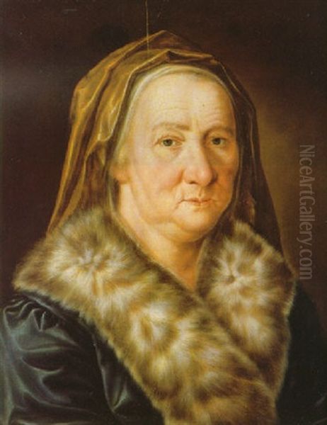 Portrait Of An Old Lady Wearing A Blue Silk Robe Trimmmed With Fur And Gold Veil Oil Painting by Johann Jakob Dorner the Elder