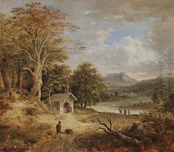 River Landscape In The Foothills With Chapel And Figures Oil Painting by Johann Jakob Dorner the Younger