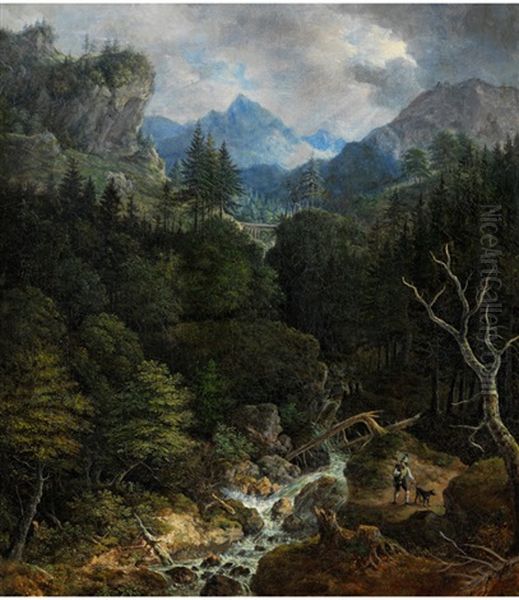 Gebirgslandschaft Mit Wildbach Und Jager Oil Painting by Johann Jakob Dorner the Younger