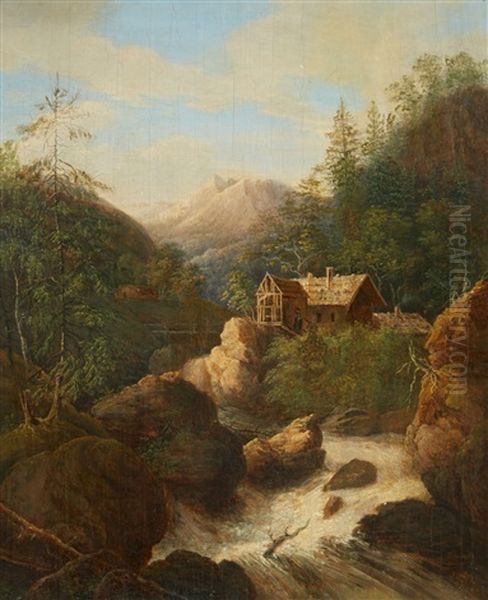 A Mountainous Landscape With A Mill Oil Painting by Johann Jakob Dorner the Younger