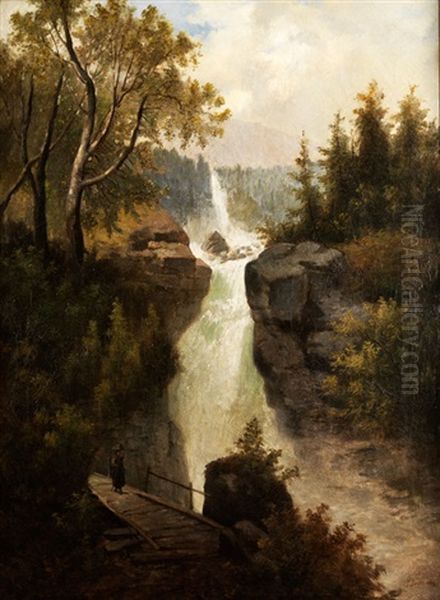 Rauschender Wasserfall Im Hochgebirge Mit Figurenstaffage Oil Painting by Johann Jakob Dorner the Younger