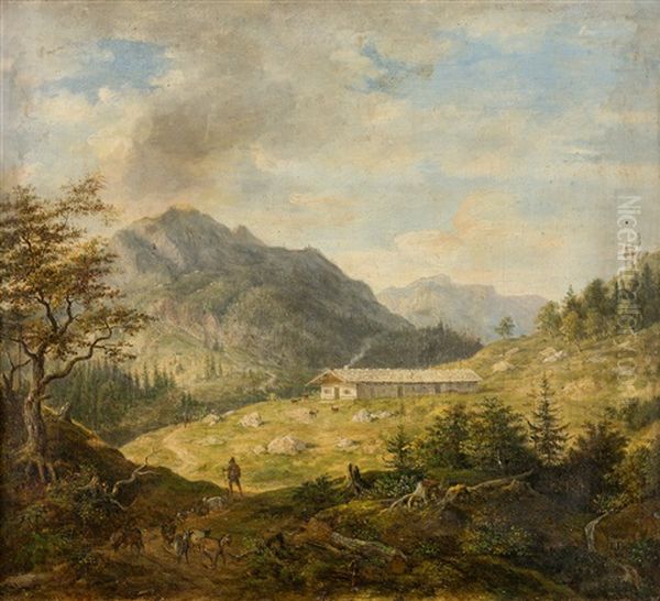 Blick Auf Eine Alm In Den Bayerischen Alpen Oil Painting by Johann Jakob Dorner the Younger