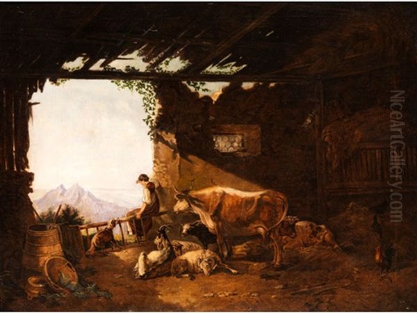 Blick In Ein Stallgebaude Mit Ausblick Aufs Hochgebirge Oil Painting by Johann Jakob Dorner the Younger