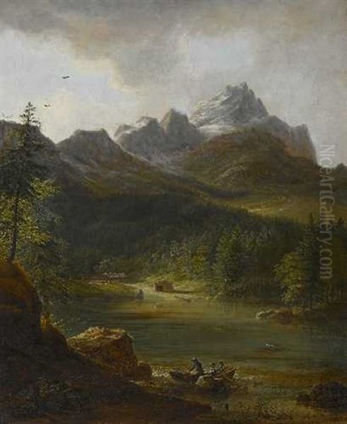 Der Eibsee Mit Zugspitze Oil Painting by Johann Jakob Dorner the Younger