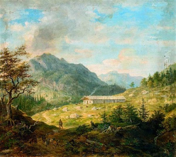 Alpenlandschaft Mit Alm Und Weidevieh Oil Painting by Johann Jakob Dorner the Younger