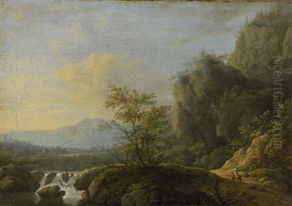 Felsige Flusslandschaft Mit Ziehendem Bauernpaar Oil Painting by Johann Jakob Dorner the Younger