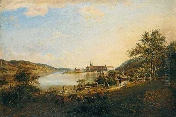 Blick Auf Den Tegernsee Mit Kloster Oil Painting by Johann Jakob Dorner the Younger