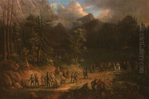 Jagdgesellschaft Am Gebirgssee Oil Painting by Johann Jakob Dorner the Younger