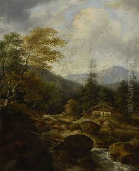 Bauernhaus Am Gebirgsbach Oil Painting by Johann Jakob Dorner the Younger