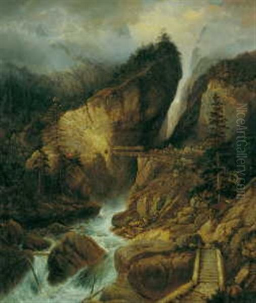 Wasserfall In Den Bayerischen Alpen (die Hollenklamm Bei Garmisch-partenkirchen?) Oil Painting by Johann Jakob Dorner the Younger