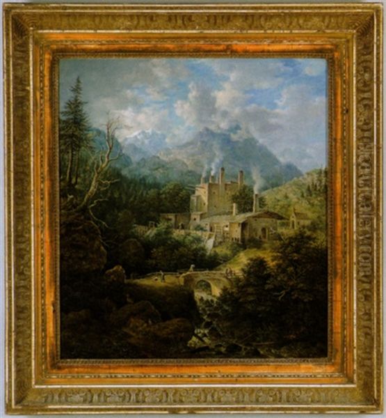 Bayerische Gebirgslandschaft Mit Hausern Und Einer Steinernen Brucke Uber Einem Sturzbach Und Figuren Oil Painting by Johann Jakob Dorner the Younger