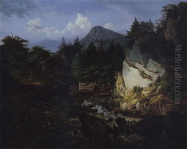 Alpenlandschaft Mit Einer Wassermuhle by Johann Jakob Dorner the Younger