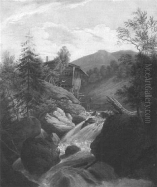 Berghutte An Einem Reisenden Wildbach Oil Painting by Johann Jakob Dorner the Younger